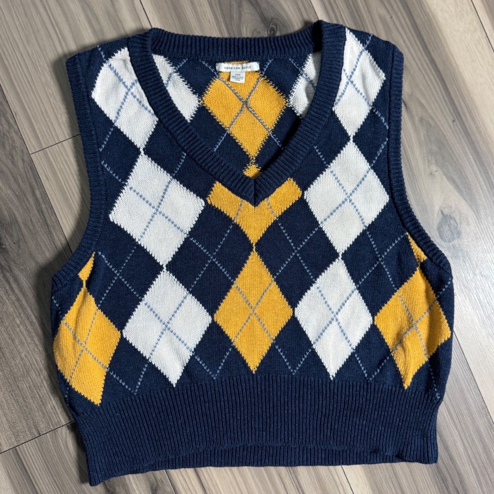 American Eagle Navy Blue Yellow Argyle V-Neck Knit Sweater Vest Large